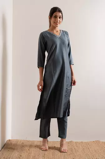 Steel Blue Saanjh Straight Fit  Suit Set