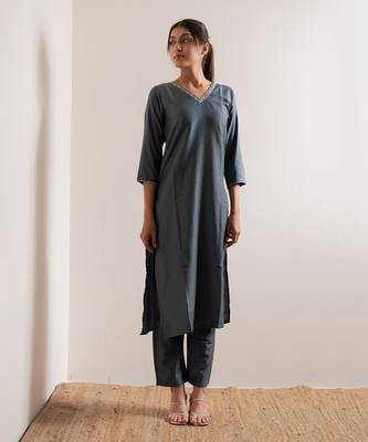 Steel Blue Saanjh Straight Fit  Suit Set 4