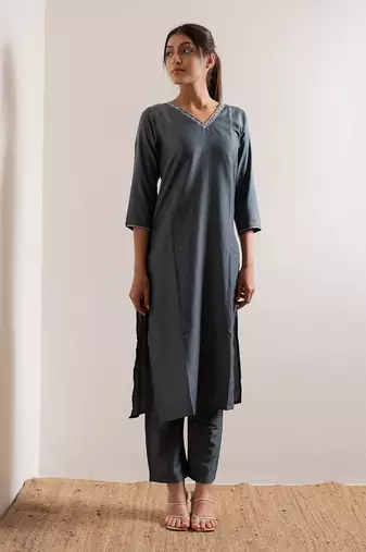 Steel Blue Saanjh Straight Fit  Suit Set