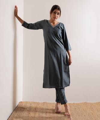 Steel Blue Saanjh Straight Fit  Suit Set 5