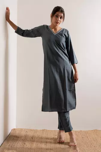 Steel Blue Saanjh Straight Fit  Suit Set