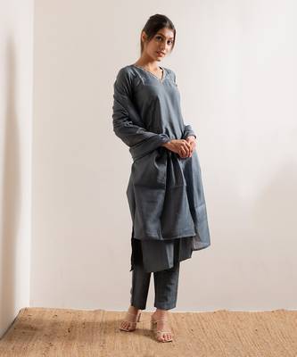 Steel Blue Saanjh Straight Fit  Suit Set 1