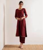 Red Teej Straight Fit  Suit Set