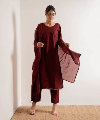 Red Teej Straight Fit  Suit Set 2