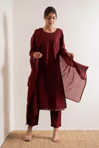 Red Teej Straight Fit  Suit Set