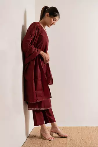 Red Teej Straight Fit  Suit Set