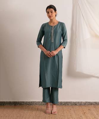 Ice Blue Straight Fit Kurta Set 1