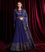 Purple Gathered Anarkali With Churidar Sleeves And Dupatta
