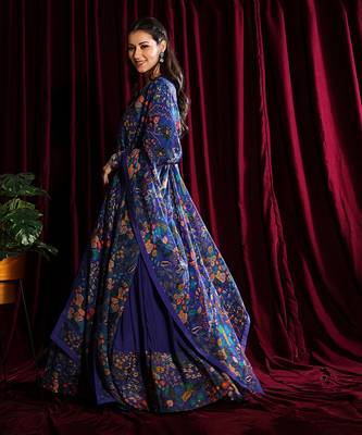 Purple Gathered Anarkali With Churidar Sleeves And Dupatta 2
