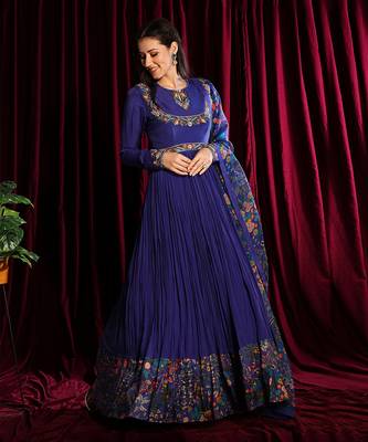 Purple Gathered Anarkali With Churidar Sleeves And Dupatta 4