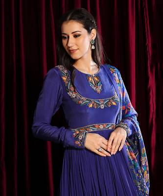 Purple Gathered Anarkali With Churidar Sleeves And Dupatta 6