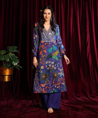 Purple Straight Tunic With Mirror Embroidery And Palazzo 1