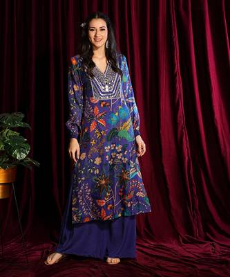 Purple Straight Tunic With Mirror Embroidery And Palazzo 3