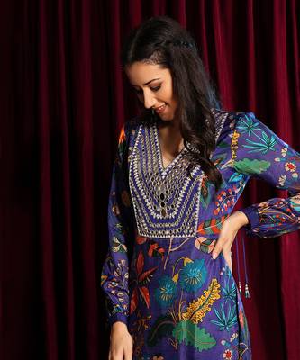 Purple Straight Tunic With Mirror Embroidery And Palazzo 5