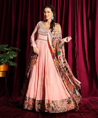 Blush Gathered Anarkali With Churidar Sleeves And Dupatta 1