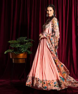 Blush Gathered Anarkali With Churidar Sleeves And Dupatta 2