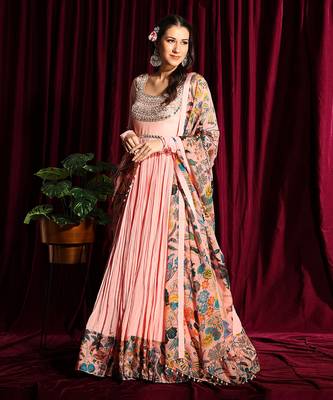 Blush Gathered Anarkali With Churidar Sleeves And Dupatta 3