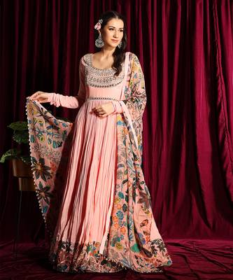 Blush Gathered Anarkali With Churidar Sleeves And Dupatta 4