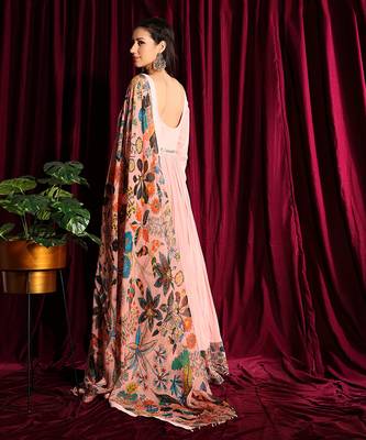 Blush Gathered Anarkali With Churidar Sleeves And Dupatta 5