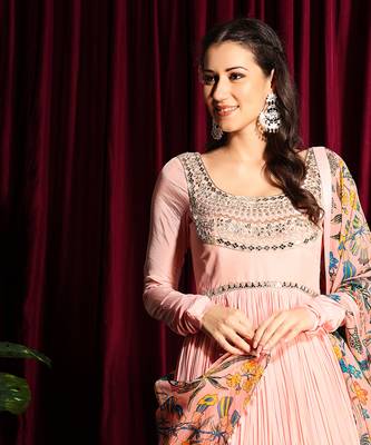 Blush Gathered Anarkali With Churidar Sleeves And Dupatta 6