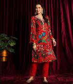 Red Printed Straight Tunic With Pants