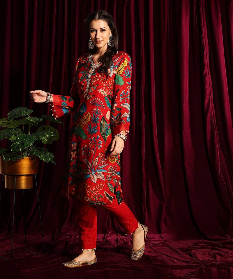 Red Printed Straight Tunic With Pants