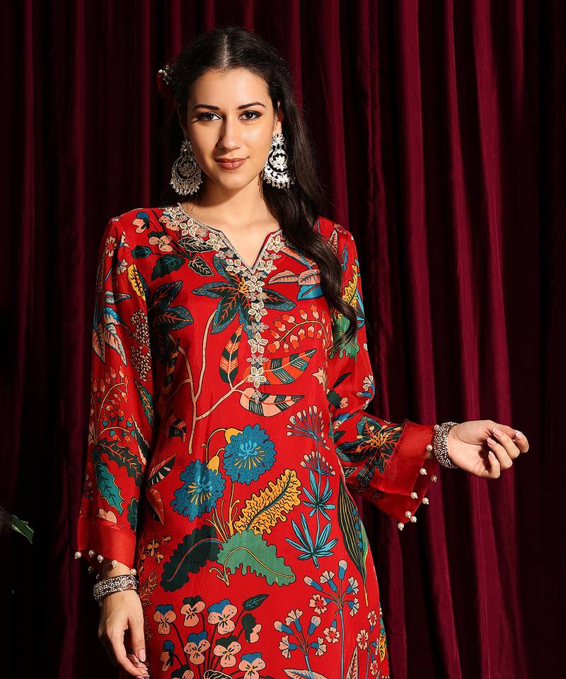 Red Printed Straight Tunic With Pants