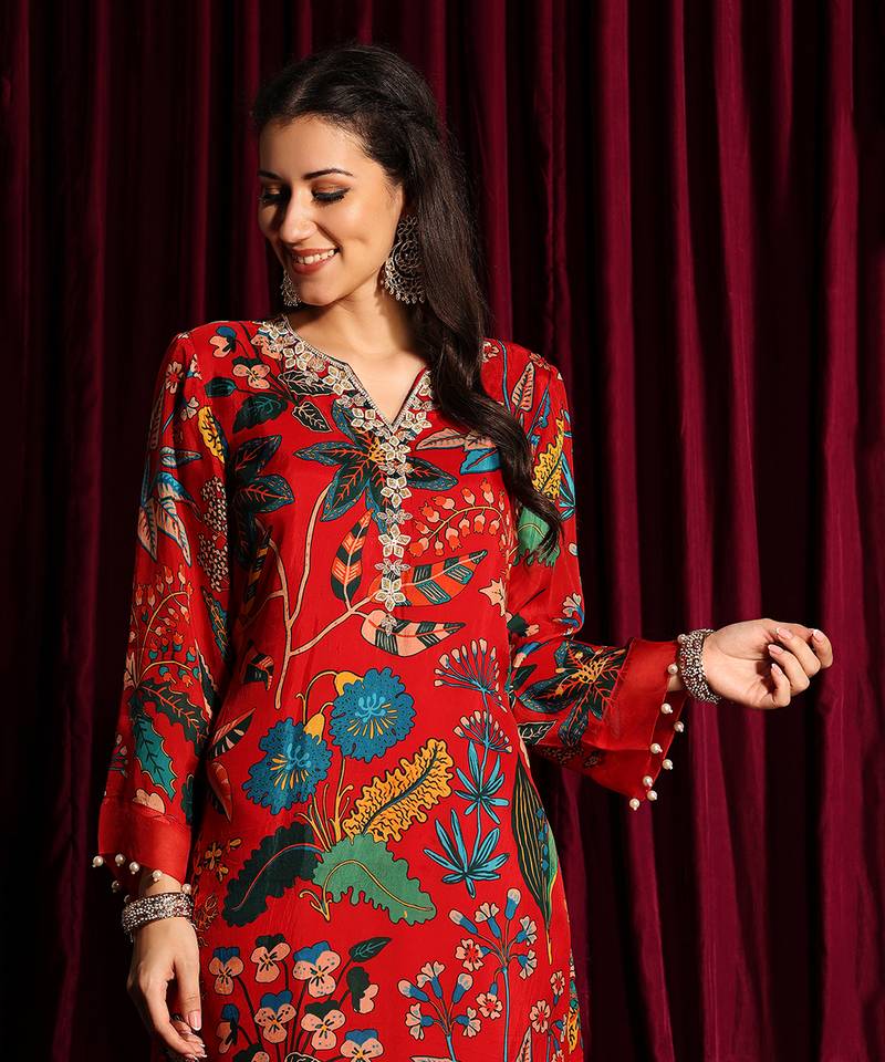 Red Printed Straight Tunic With Pants