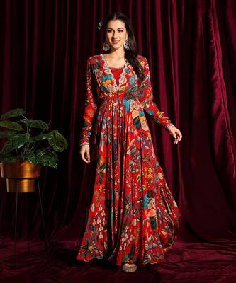 Red Anarkali Jacket With Bustier And Gharara With A Dupatta 1