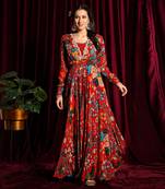 Red Anarkali Jacket With Bustier And Gharara With A Dupatta