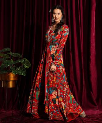 Red Anarkali Jacket With Bustier And Gharara With A Dupatta 2