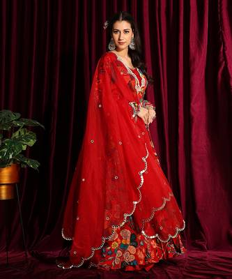 Red Anarkali Jacket With Bustier And Gharara With A Dupatta 5
