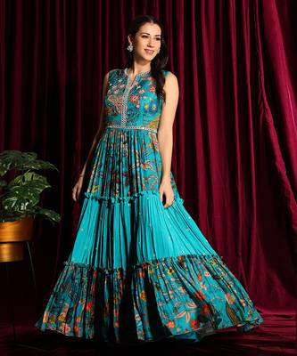 Turquoise Gathered Anarkali Gown 1
