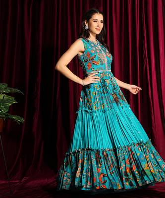 Turquoise Gathered Anarkali Gown 2