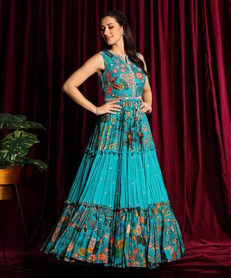 Turquoise Gathered Anarkali Gown 3