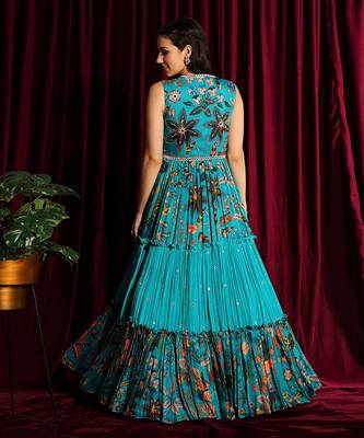 Turquoise Gathered Anarkali Gown 4