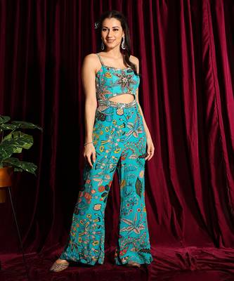 Turquoise Jumpsuit With A Mirror Embroidery 1