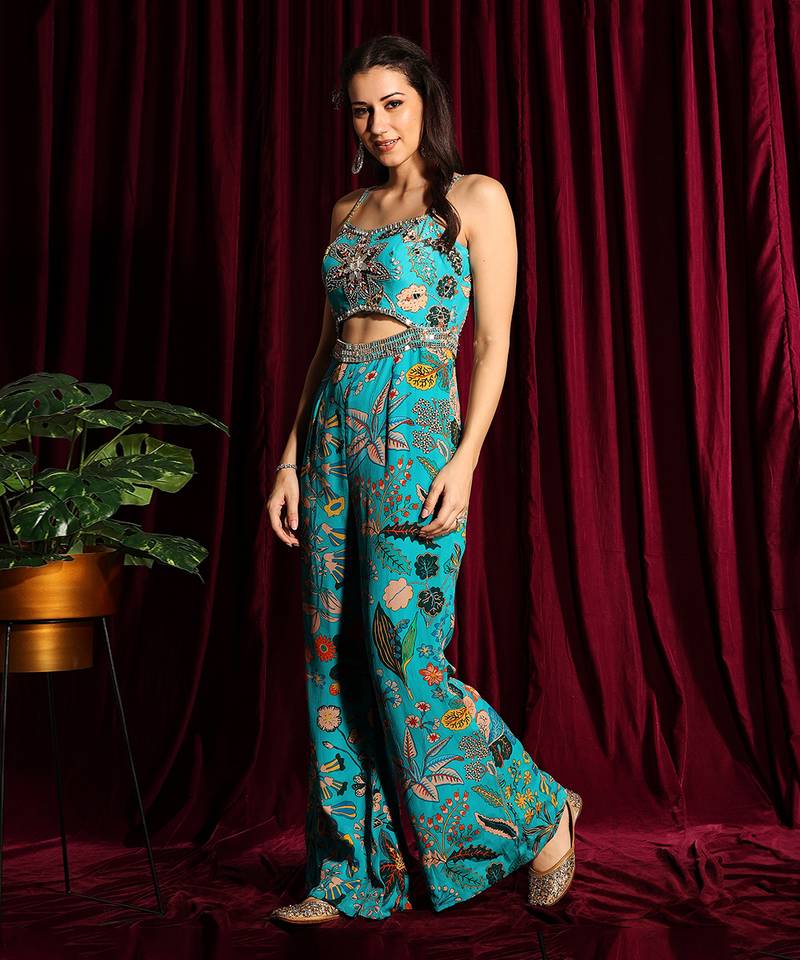 Turquoise Jumpsuit With A Mirror Embroidery
