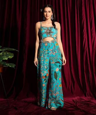 Turquoise Jumpsuit With A Mirror Embroidery 4