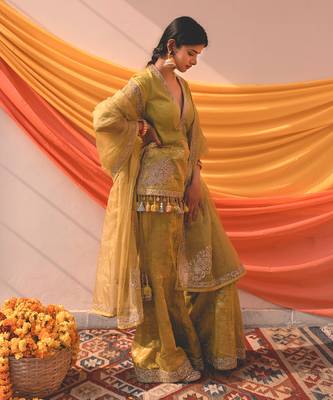 Lime Green Chanderi Handloom Organza Sharara Set 1