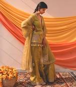 Lime Green Chanderi Handloom Organza Sharara Set