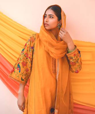 Mango Yellow Multicolor Chanderi Handloom Organza Kurta Set 3