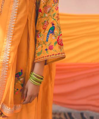Mango Yellow Multicolor Chanderi Handloom Organza Kurta Set 4