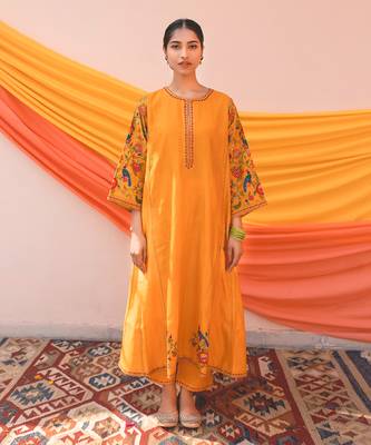 Mango Yellow Multicolor Chanderi Handloom Organza Kurta Set 1