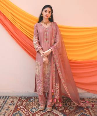 Old Rose Multi Color Chanderi Handloom Organza Kurta Set 1