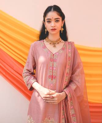 Old Rose Multi Color Chanderi Handloom Organza Kurta Set 2