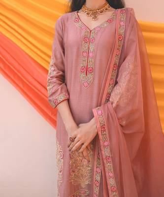 Old Rose Multi Color Chanderi Handloom Organza Kurta Set 3