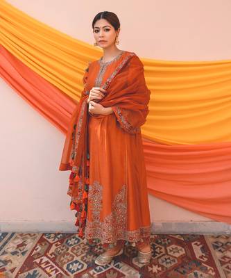 Rust Multi Color Chanderi Handloom Organza Kurta Set 2