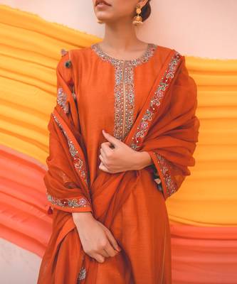 Rust Multi Color Chanderi Handloom Organza Kurta Set 3