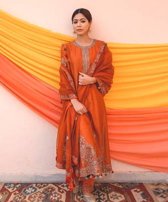 Rust Multi Color Chanderi Handloom Organza Kurta Set 1